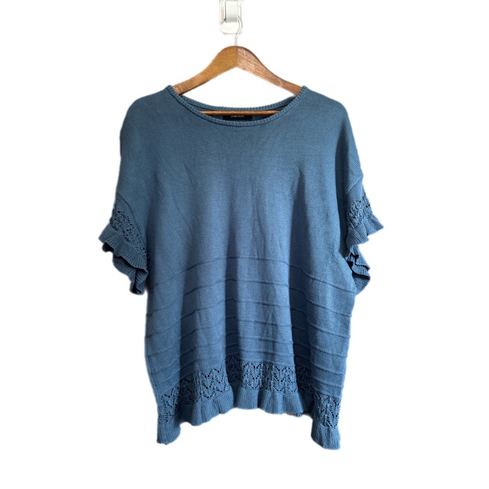 Dokotoo Knit Top Women XL Blue Excellent Crochet Lace Trim Ruffle Short Sleeve